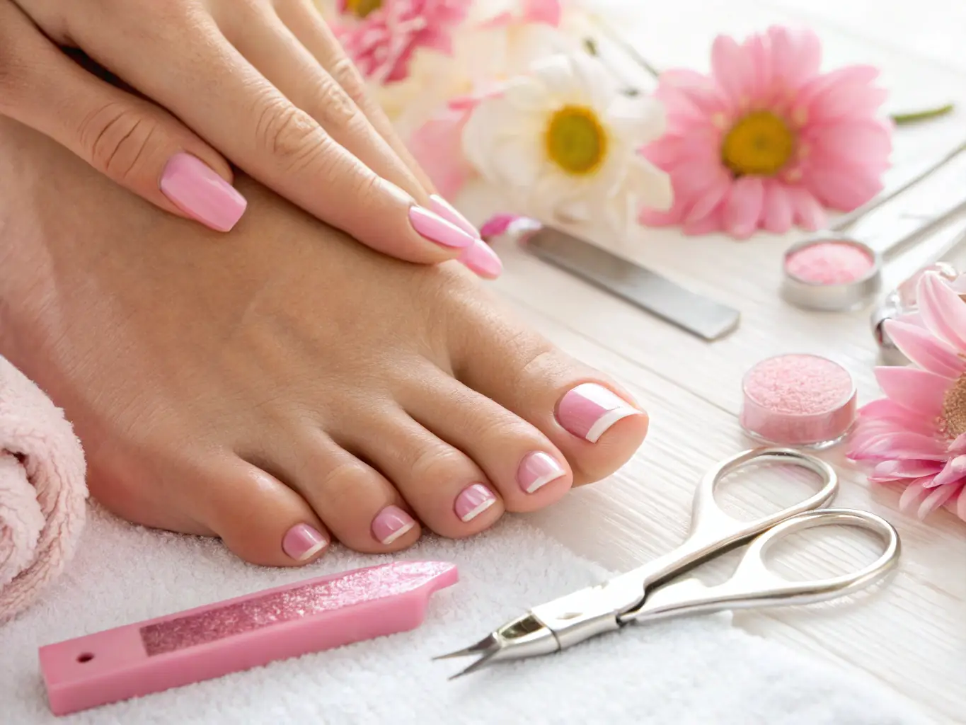 A close-up image of a client's hands and feet receiving a professional manicure and pedicure, showcasing vibrant nail polish and a relaxing spa setting.
